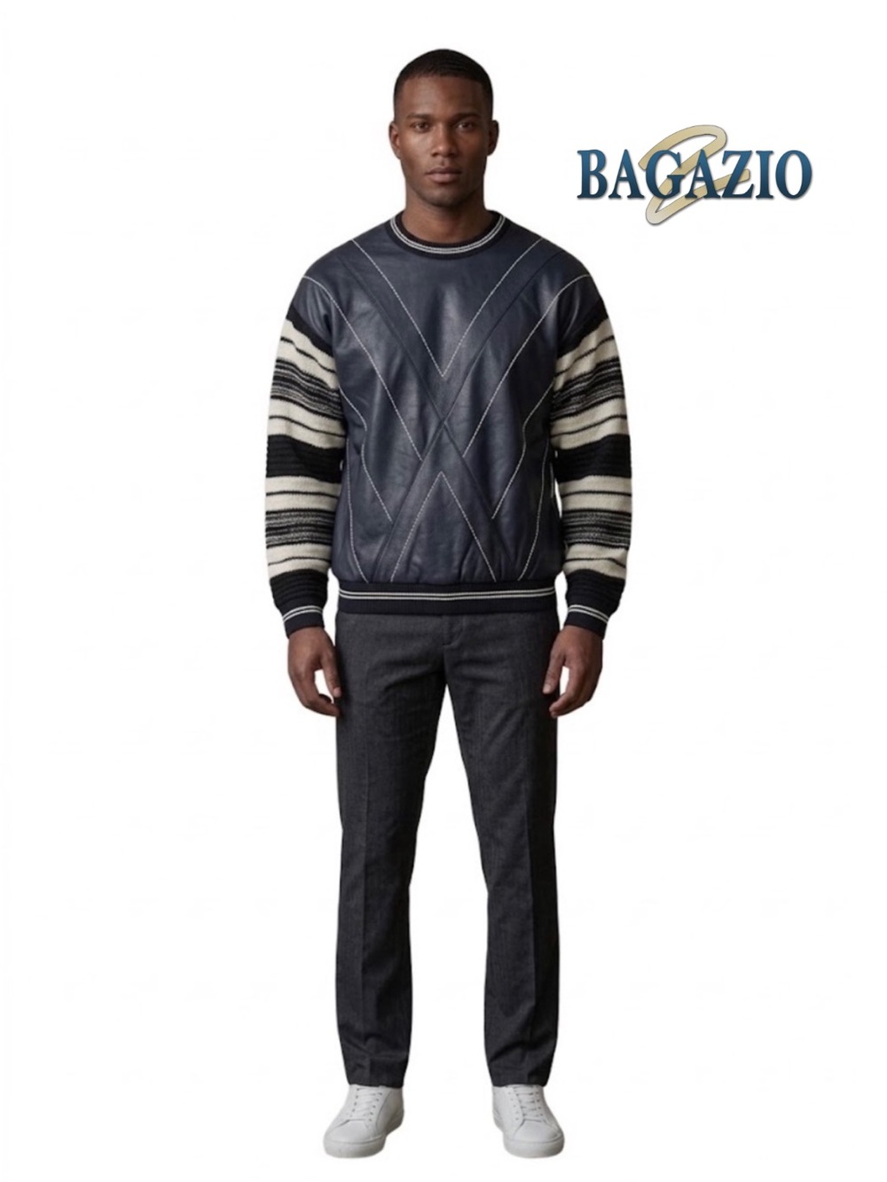 Bagazio Genuine Sheep Leather Black Sweater L Striped Knit Sleeves NWT